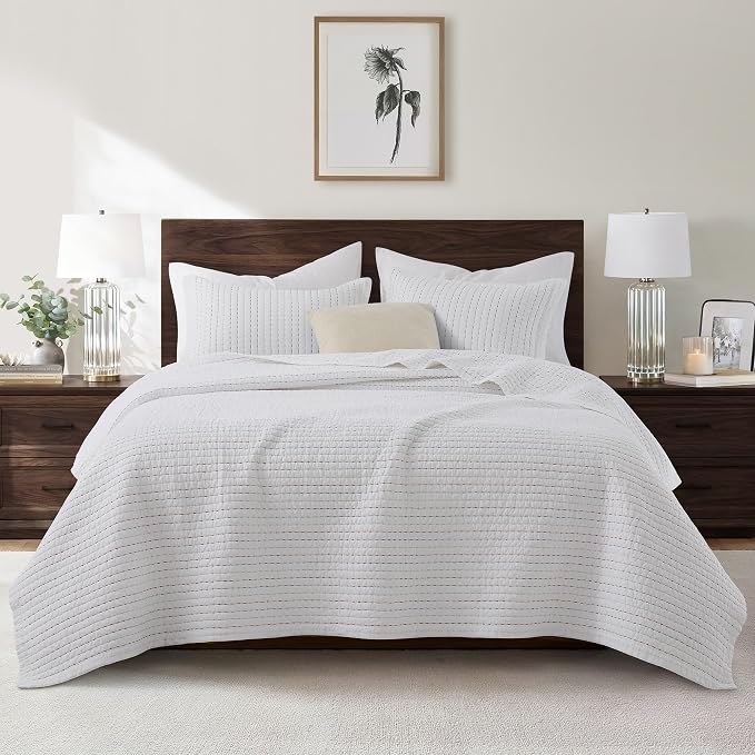 HORIMOTE HOME 100% Cotton King Size Quilt Set, White Pre-Washed Striped Channel Stitch Bedding Set, Cozy Lightweight Bedspreads Coverlet Set with 2 Shams for All Season, 3 Pieces