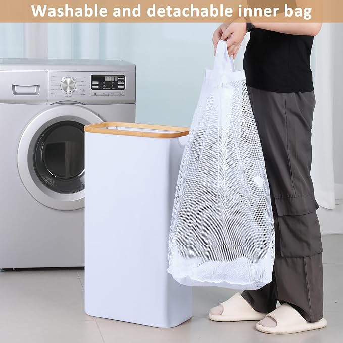 IEGrow Laundry Hamper with Lid,60L Laundry Basket with Mesh Bags,White | Dirty Clothes Hamper Basket with Bamboo Handle for Clothes Towels