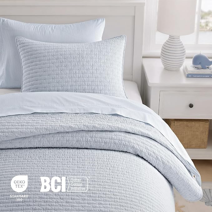 100% Cotton Cross Stitch Quilt Set, Twin, Powder Blue | 100% Cotton, Elegant Cross Stitch, Soft & Breathable, Prewashed Softness, Oversized Design, OEKO-TEX® Certified
