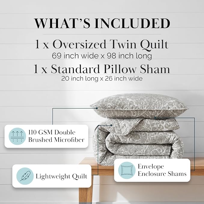 Southshore Fine Living, Inc. Beige Quilt Twin XL Dorm Bedding Set, Hotel Quality Boho Bed Spread for Vacation Homes, Twin XL Quilt Bedspread Set w/Pillow Sham, Lightweight Bedspread, Ashanti Bone