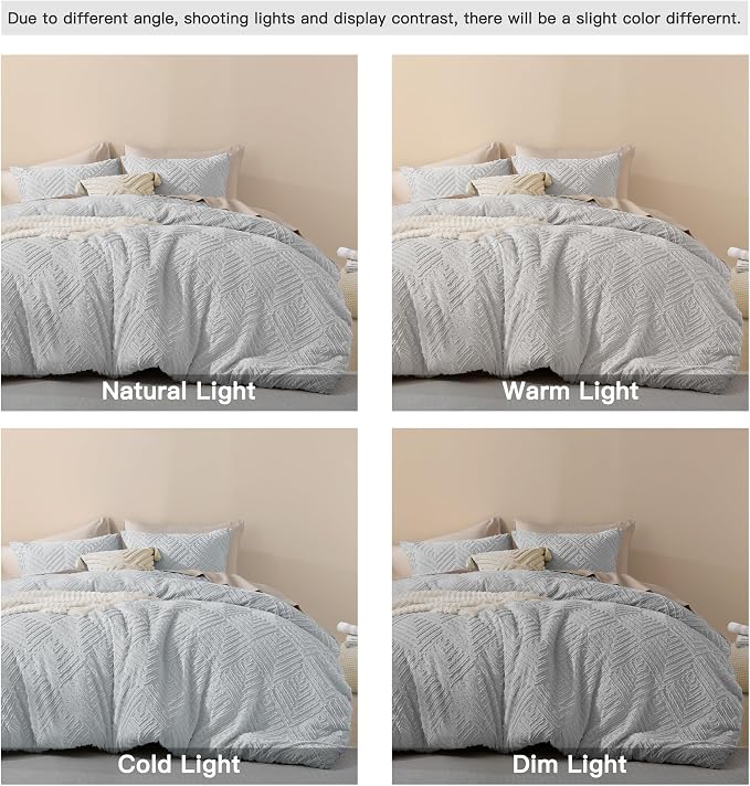 Litanika California King Comforter Set, 3 Pcs Tufted Boho Bedding Set | Light Grey Farmhouse Shabby Chic Vintage Bohemian Textured Aesthetic Soft Fluffy Lightweight Breathable All Season Bed Set