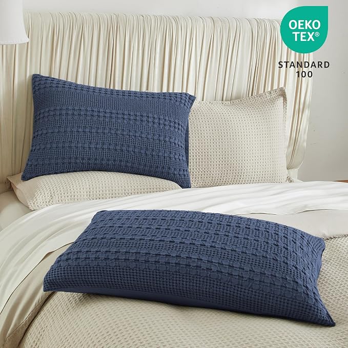 PHF 100% Cotton Waffle Pillow Shams King Size, 2 Pack 20" x 36" Soft Skin-Friendly Pillowcases, No Filling, Aesthetic Woven and Breathable Waffle Weave Pillow Case Covers for Bed, Indigo