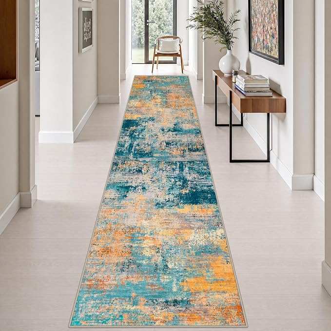 2.6x14 Washable Runner Rug:Modern Abstract Soft Carpet Rosy Haze | For Hallway, Bedroom, Kitchen, Laundry, Bathroom,Door Mat,Modern Abstract,Machine washable,Non-Slip,Stain Resistant,Indoor