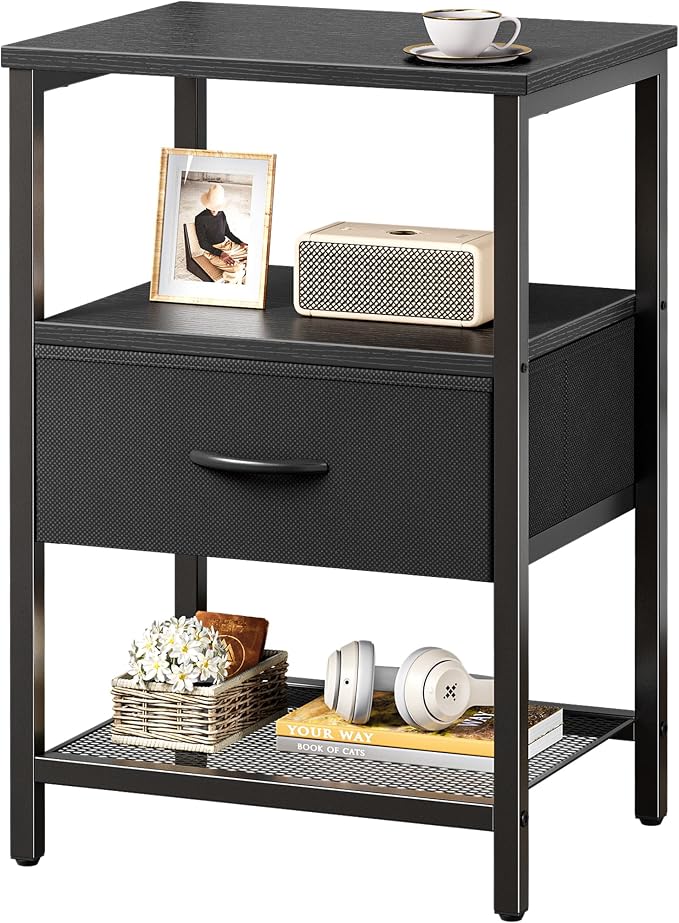 Huuger Night Stand with 2 Drawers, Bed Side Table with Open Shelf | Bedroom Nightstand, Fabric Drawer Dresser, Metal Frame, Couch Side, Living Room, Black