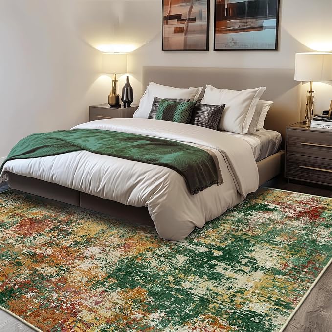 RELEANY Washable 9'x12' Abstract Area Rug for Living Room Green Multi | Carpet for Bedroom, Kitchen, Office, Hallway and Entryway, Printed Pattern, Non‑Slip, Soft, Stain‑Resistant, Easy to Clean