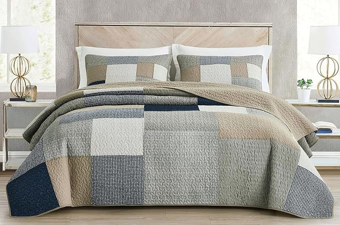 Chezmoi Collection Addy 3-Piece Navy Blue White Gray Taupe Plaid Patchwork Quilt Set - Pre-Washed Cotton Quiltd Lightweight Reversible Bedspread for All Seasons, Oversized King Size