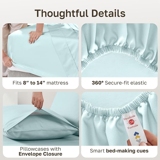 2-Pack Soft Natural 100% Cotton Sateen Queen Sheet Set Deep Pocket, Seafoam | Backed by Good Housekeeping Seal, Light & Breathable For Hot Sleepers, 14" Deep Pocket, All-Around Elastic, Durable