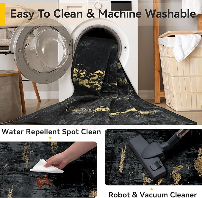 RELEANY Washable 2'x4' Abstract Area Rug for Living Room Black Gold | Carpet for Bedroom, Kitchen, Office, Hallway and Entryway, Printed Pattern, Non‑Slip, Soft, Stain‑Resistant, Easy to Clean