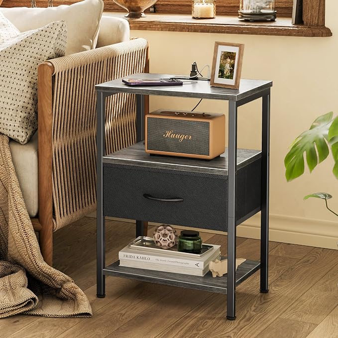SUPERJARE Nightstand with Charging Station, Bed Side Table with Adjustable Fabric Drawer, Night Stand for Bedroom, 3-Tier Storage End Table, for Living Room, Charcoal Gray | Night Stand for Bedroom, with Adjustable Fabric Drawer, 3-Tier Storage End Tab...