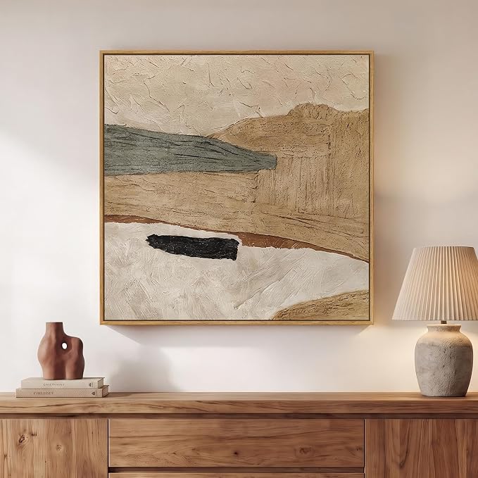 Framed Neutral Organic Abstract Canvas Wall Art for Dining Room, 24x24 In | Earth tone, Canvas prints, Modern pictures, Beige tan gray, Wood frame, Minimalist artwork, Living room, Bedroom wall decor