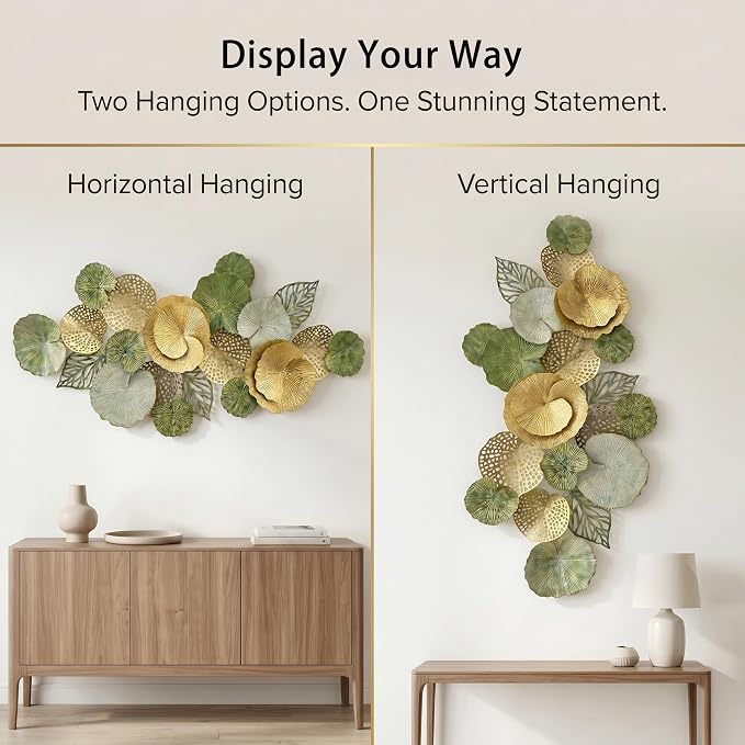 Axioglo 51" Large Wall Decor 3D Lotus Leaf Metal Wall Art for Living Room | 51" x 26" metal wall decor with layered metal texture, mounting hardware, two-way display