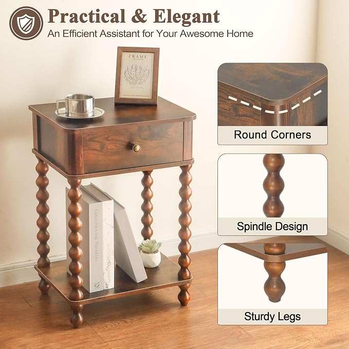 AWASEN Nightstand, Mid Century Modern Night Stand with Drawer for Living Room, Modern Bedside End Table with Spindle Wood Legs for Bedroom, Office, Rustic Brown
