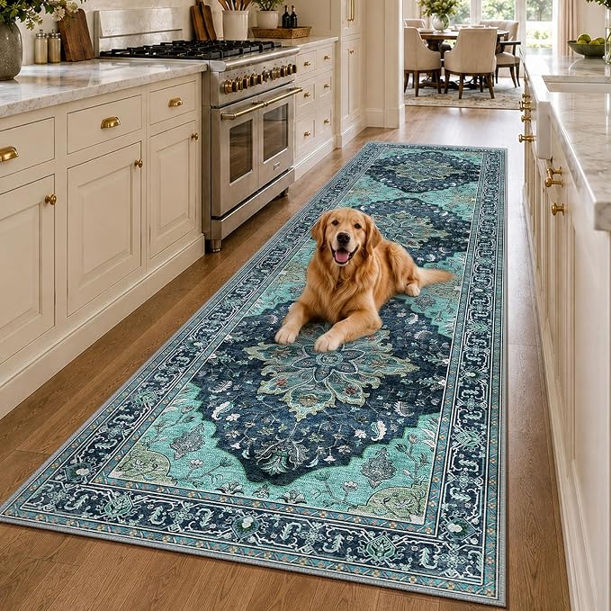 RELEANY Washable Area Rug, Runner 3'x10', Teal | Non-Slip, Water Repellent, Pet Friendly, Easy to Clean, Vintage Floral Boho Decor for Kitchen Hallway Laundry Living Room