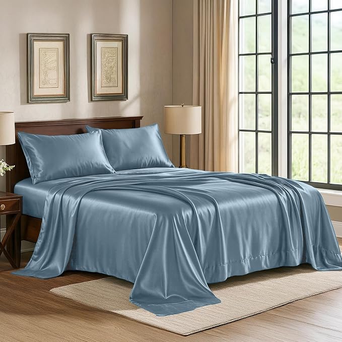 Satin Sheets Full [4-Piece, Skyblue] Hotel Luxury Silky Bed Sheets - Extra Soft 1800 Microfiber Sheet Set, Wrinkle, Fade, Stain Resistant - Deep Pocket Fitted Sheet, Flat Sheet, Pillow Cases