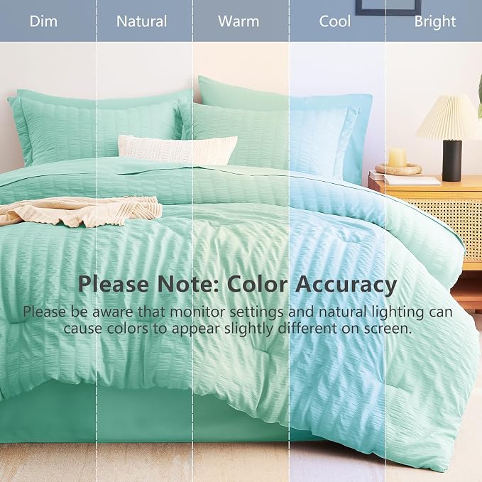 Queen Comforter Set, 7 Pieces Mint Green Seersucker Bed in a Bag | OEKO-TEX Certified, All Season Bedding Set with 240 GSM Down Alternative Comforter, Flat & Fitted Sheets, Pillowcases & Shams