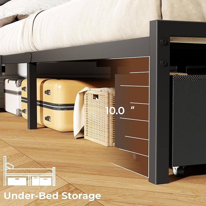 Full Size Bed Frame with PU Upholstered Headboard and 2 Drawers | Metal Platform Bed with Charging Station, LED Light and Fabric Storage Drawers, Noise Free, No Box Spring Needed, Black