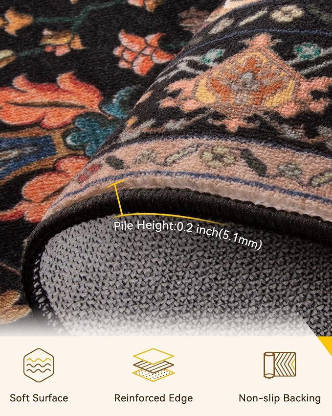 RELEANY Washable Area Rug, 8'x10', Black/Colorful | Non-Slip, Water Repellent, Pet Friendly, Easy to Clean, Vintage Floral Boho Decor for Living Room Bedroom Dining Room