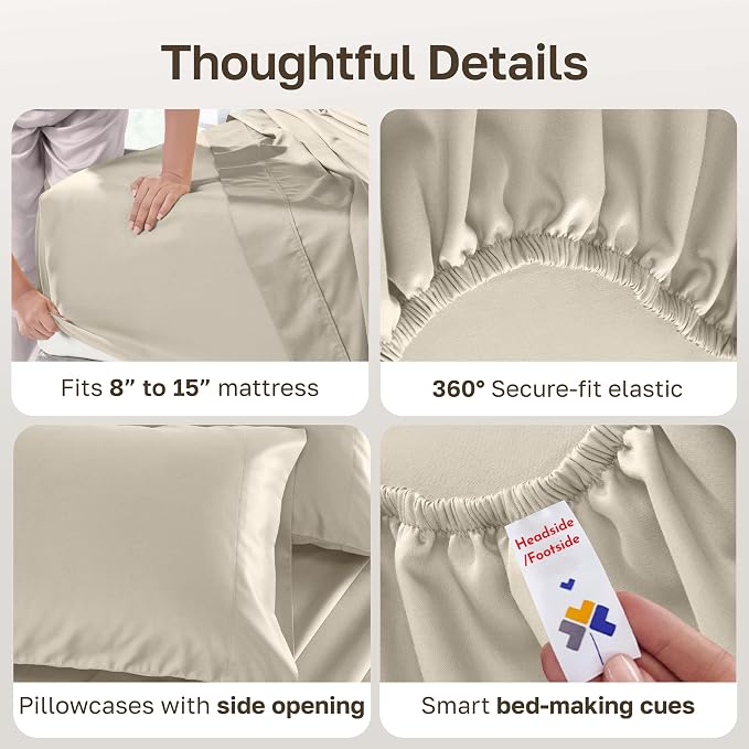 California Design Den 100% Cotton Sateen Split King Sheet Set, 5 Pcs, Beige | 500 Thread Count with Good Housekeeping Seal, Split King Sheets Sets for Adjustable Bed with 2 Separate Twin-XL Mattresses