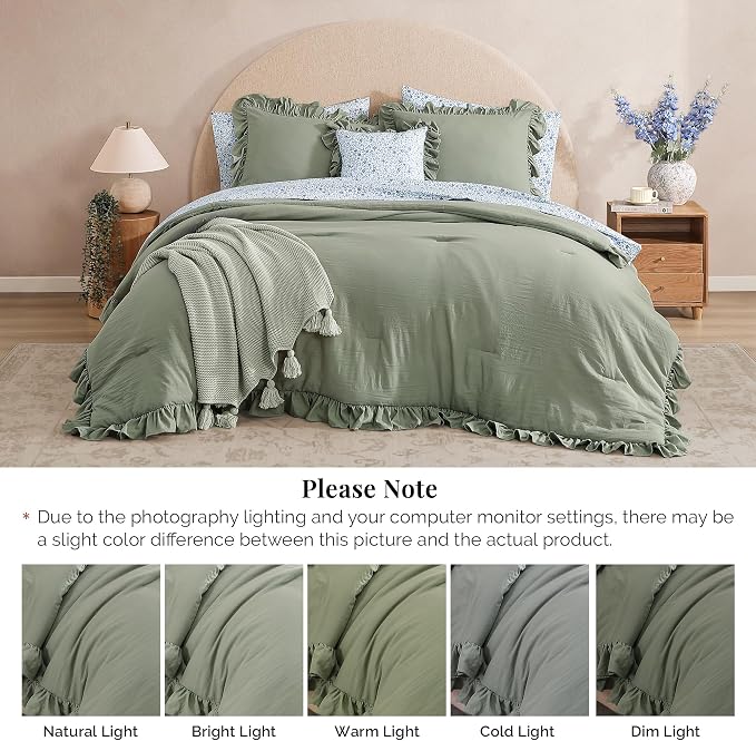 Queen Comforter Set-7 Pieces Ruffle Bedding with Floral Sheet | Sage Green Bed in a Bag, Soft Lightweight All Season Farmhouse Queen Bedding Sets with Floral Sheets, Pillowcases & Shams