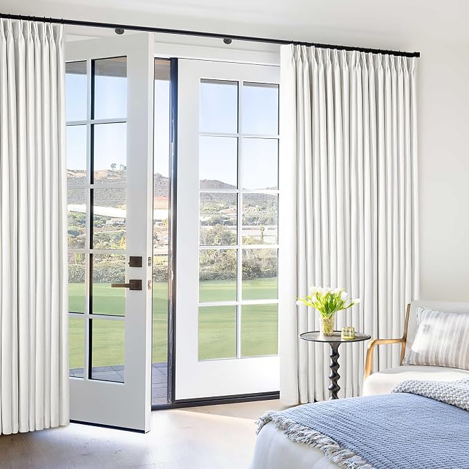 Beige White Pinch Pleated Blackout Linen 92 Inch Long Curtains 60 Inch Wide | 100% Black Out, Memory Trained, Pinch Pleat with Back Tab, Energy Efficient, Thermal Insulated Window Drapes W60xL92 1 Panel