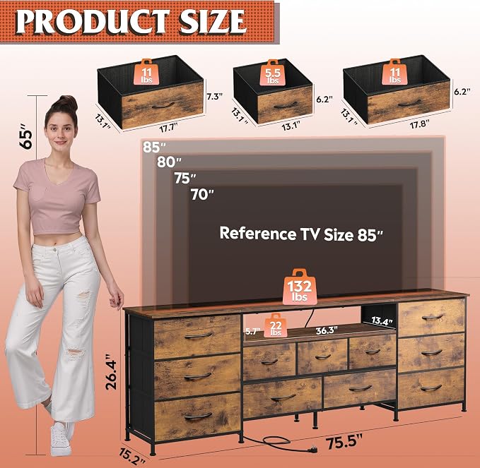 WLIVE Dresser TV Stand for 85 Inch TV, 11 Drawer LED Dresser, Rustic Brown | Fits TVs up to 85 inch, 11 fabric drawers, Built-in power outlet, Chest of drawers, Living room or bedroom