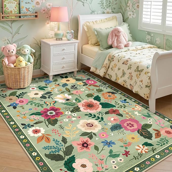 RELEANY Floral Washable 3x5 Area Rugs LightGreen | Flower Carpet, Print, Boho, Non-Slip, Easy to Clean, Soft, Low Pile for Living Room Bedroom Kitchen Office Entryway Hallway