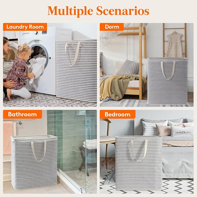 Lifewit 105L Large Collapsible Laundry Basket with Extended Handles, Grey | Foldable Laundry Hamper, Tall Dirty Clothes Basket, Waterproof, Freestanding Design for Bedroom, Bathroom, College Dorm