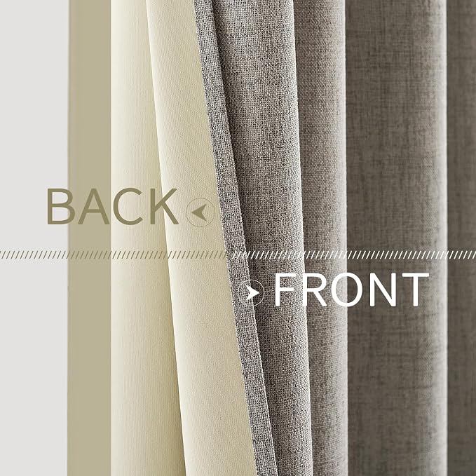 MIULEE 100% Blackout Linen Curtains for Bedroom 52x45 Inches Greige | Room Darkening, Light Blocking, Thermal Insulated, Grommet Top, Linen Textured, Window Curtains for Living Room, 2 Panels