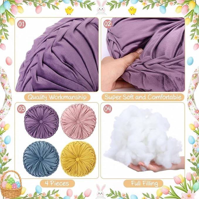 Kathfly 4 Pcs Decorative Round Pleated Throw Pillows, Classy Velvet Pumpkin Round Throw Pillows, Decorative Floor Pillow for Bed Chair Home Sofa Decor, 14" Diameter (Easter Colors)