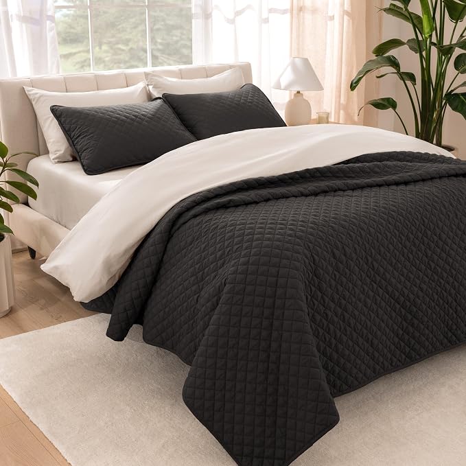 Bare Home Coverlet Set - King Size - Lightweight Bed Decor - Comforter Alternative - All-Season Quilted Bedspread (King, Black)