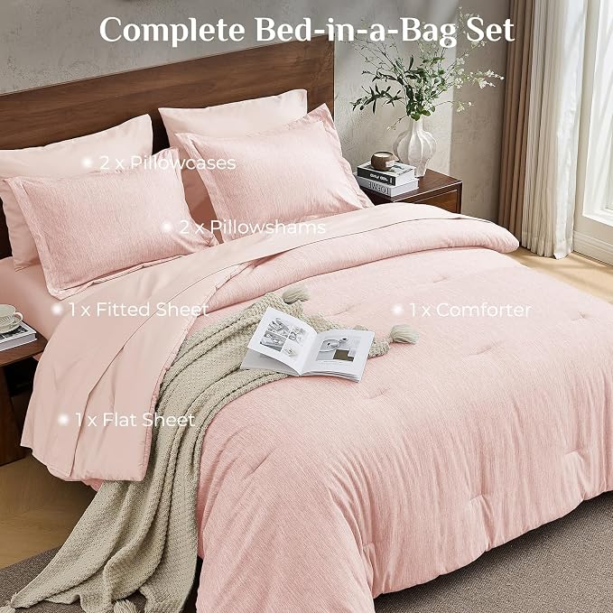 JOLLYVOGUE Pink Queen Comforter Set, Cationic Dyeing Bed in a Bag Queen 7 Pieces, Double-Tone Bedding Set with Down Alternative Comforter, Sheets, Pillowcases & Shams