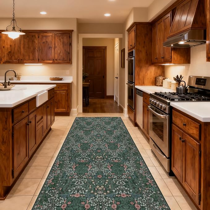 Washable 2' x 6' Runners for Hallways, Non Slip Long Floor Runner for Kitchen, Entryway Indoor, Stain Resistant Rubber Backing Floral Decor Rug (Green)