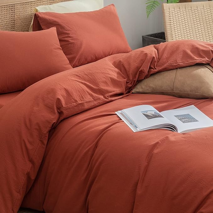 BESTOUCH Cotton Solid Duvet Cover Set Linen Feel Burnt Brick Red Full | 100% Washed Cotton, Soft Wrinkle Texture, Hidden Zipper, 8 Ties, Breathable Lightweight Durable Comfy, 3 Pcs No Insert
