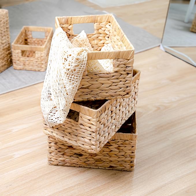 M4DECOR Set of 6 Rectangular Wicker Storage Baskets for Shelves | Water Hyacinth Storage Baskets, Pantry Baskets for Organizing, Handwoven
