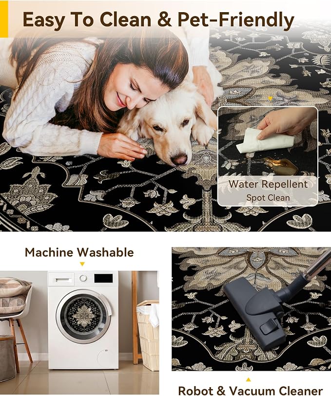 RELEANY Washable Area Rug, Round 5ft, Black/Neutral | Non-Slip, Water Repellent, Pet Friendly, Easy to Clean, Vintage Floral Boho Decor for Living Room Bedroom Dining Room