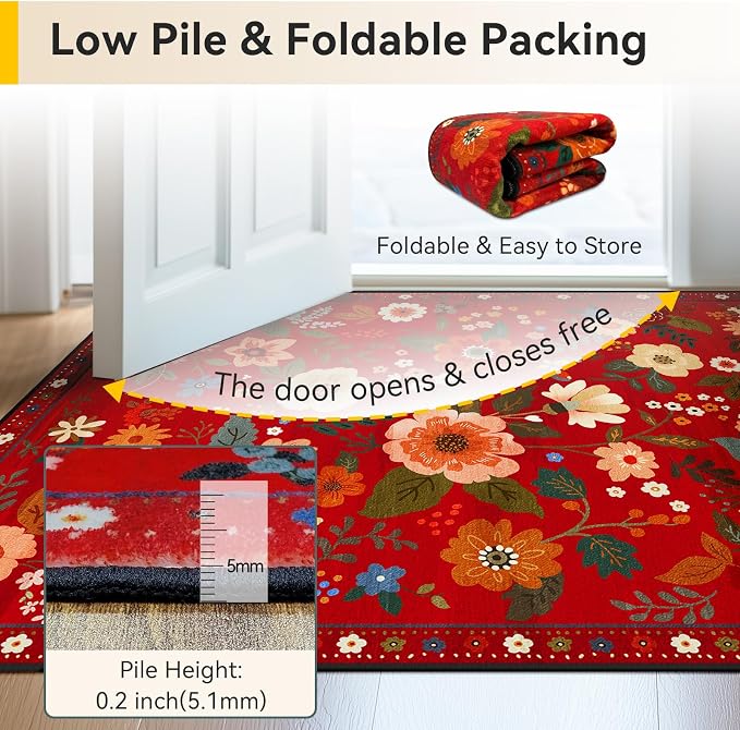 Floral Washable 8x10 Area Rugs Red/Orange | Flower Carpet, Print, Boho, Non-Slip, Easy to Clean, Soft, Low Pile for Living Room Bedroom Kitchen Office Entryway Hallway
