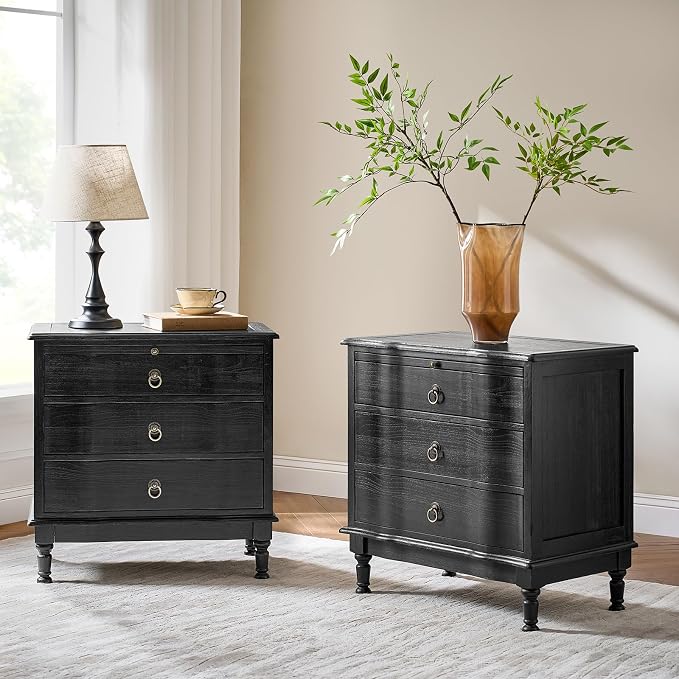 HULALA HOME Solid Wood End Table Set of 2 with Charging Station, 3 Drawer End Table with Pull-Out Tray, USB & Type-C Ports, Traditional Curved Front Accent Side Table for Living Room Sofa, Charcoal