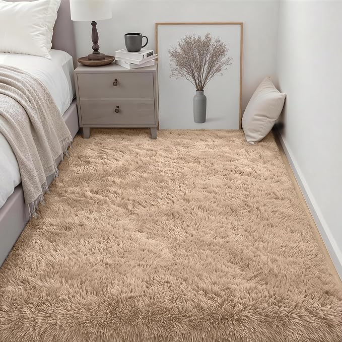 Area Rug Living Room Bedroom: 4x6 Fluffy Plush Shag Carpet Beige | For Kids Room Playroom Nursery Home Decor,Ultra Soft,Non-Slip Non-Shedding,Fuzzy Plush,Large Indoor Floor Carpet,Easy Clean