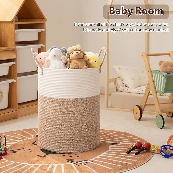 OIAHOMY 100L Nursery Hamper Laundry Basket Laundry Hamper Brown/White | collapsible Blanket Basket Cotton Rope Woven Basket Dirty Clothes Hamper Baby Hamper Tall Clothes Hamper with Handles
