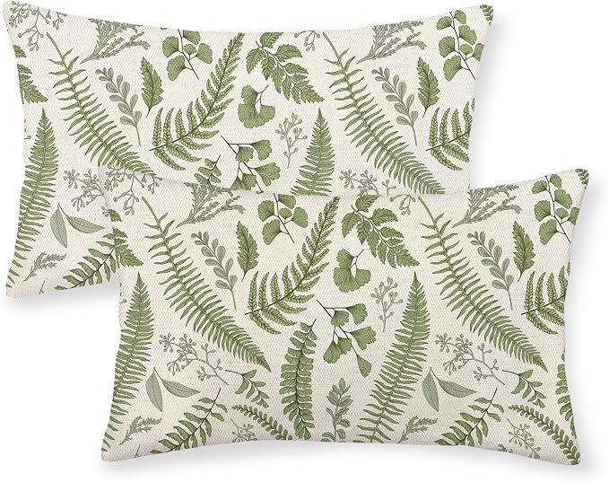 Sage Green Spring Pillow Covers 12x20 Inch 2 Pcs Vintage Leaf Plant Decor Throw Pillows Tropical Botanical Leaves Seasonal Outdoor Decoration Pillowcase Linen Cushion Cover for Couch Sofa