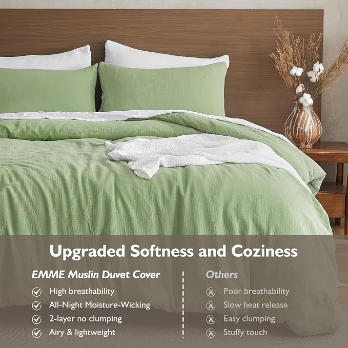 EMME Muslin Cotton Duvet Cover Set King Size Linen Like Soft Breathable Lightweight Summer Comforter Cover Set with Zipper Closure (Sage Green, King)