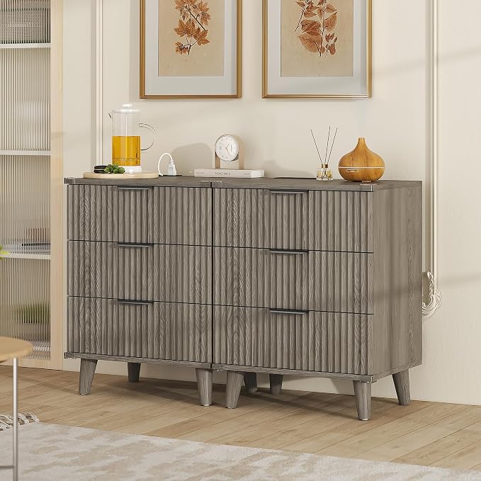 Lulive Wood Bedside Table w/Charging Station, 3 Drawers Fluted Dresser | Dark Grey, Large Drawers, Metal Silent Rails, FSC Wooden, Sturdy Legs, Modern Fluted Panel, Living Room, Bedside Table