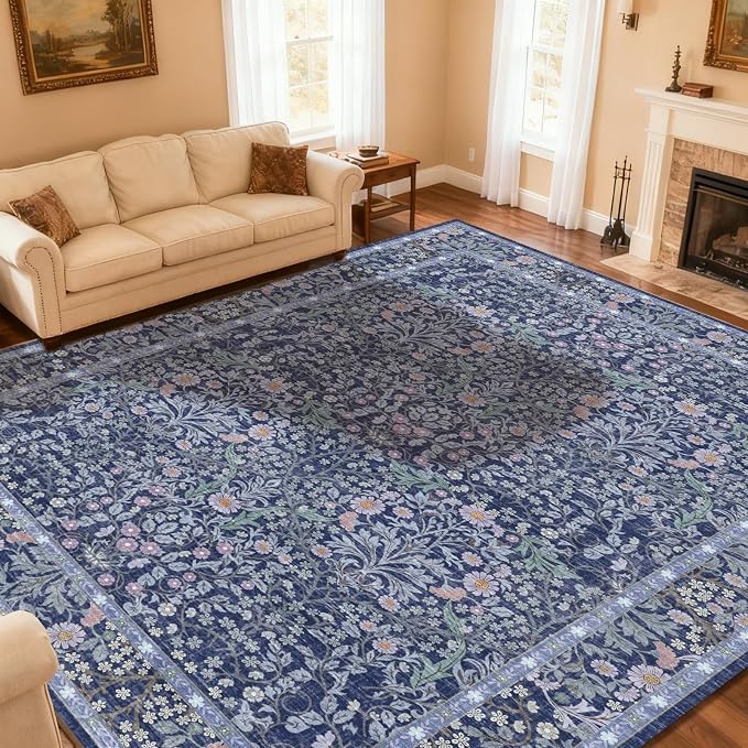 Extra Large 10x14 Area Rug for Living Room, Washable Rugs for Dining Room, Bedroom, Non Slip Stain Resistant Carpet, Low Pile Vintage Floral Rug (Blue)
