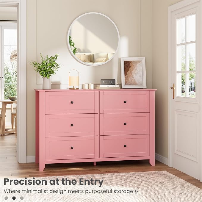 Garvee 6 Drawer Dresser for Bedroom, 47.2" Wide Modern Large Chest of Drawers with Metal Knobs, Wooden Clothes Storage Organizer for Closet, Nursery, Living Room, Apartment, Pink | Lacquered Finish, Metal Knobs, Clothes Storage Organizer for Closet, Nu...