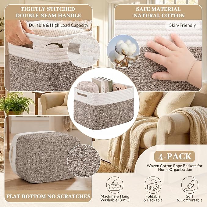 OIAHOMY 4 Pack Storage Basket, 13"x9"x7.8" Cotton Rope Baskets for Shelves, Closet Organizer for Bedroom & Living Room, Soft Decorative Bins for Organizing Towels, Books & Toys, Deep Brown & White