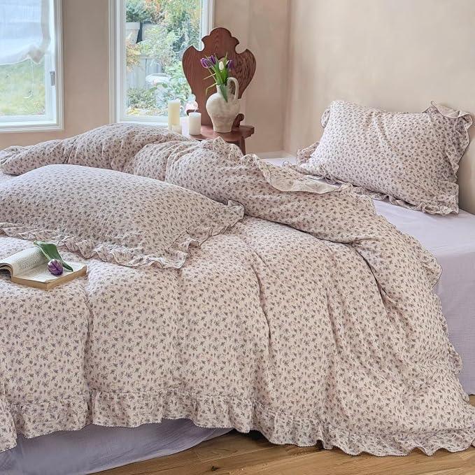 Chic Shabby Purple Floral Duvet Cover Twin, Muslin Cotton Farmhouse Bedding Ruffles Comforter Cover, Kids Girls Boys Quilt Cover 68"x86", No Pillow, Zipper & Corner Ties
