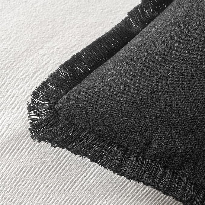 MIULEE Boho Linen Fringe Decorative Lumbar Throw Pillow Covers Black 12x20 | Set of 2, Cottagecore Decor, Boho Farmhouse Neutral Pillow Covers, Rustic Couch Cushion Cases for Sofa Bed Living Room