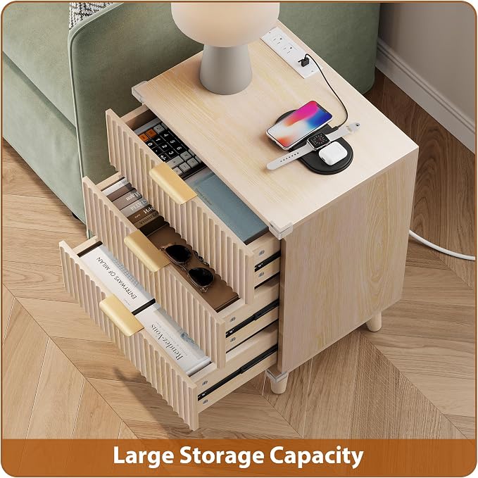Wood Nightstands Set of 2 w/Charging Station, 3 Drawers Fluted Dresser | Natural, Large Drawers, Metal Silent Rails, FSC Wooden, Sturdy Legs, Modern Fluted Panel, Living Room, Bedside Table