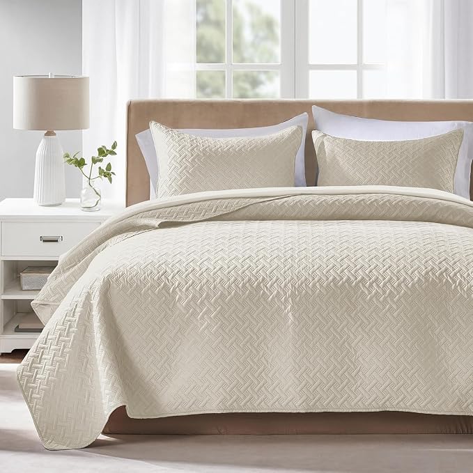 FLYMME Quilts King Size,Lightweight Cream Bedspreads,Basket Weave Pattern,Ultra Soft Microfiber Bed Coverlet 3 Pieces for All-Seasons (1 Quilt,2 Pillow Shams)