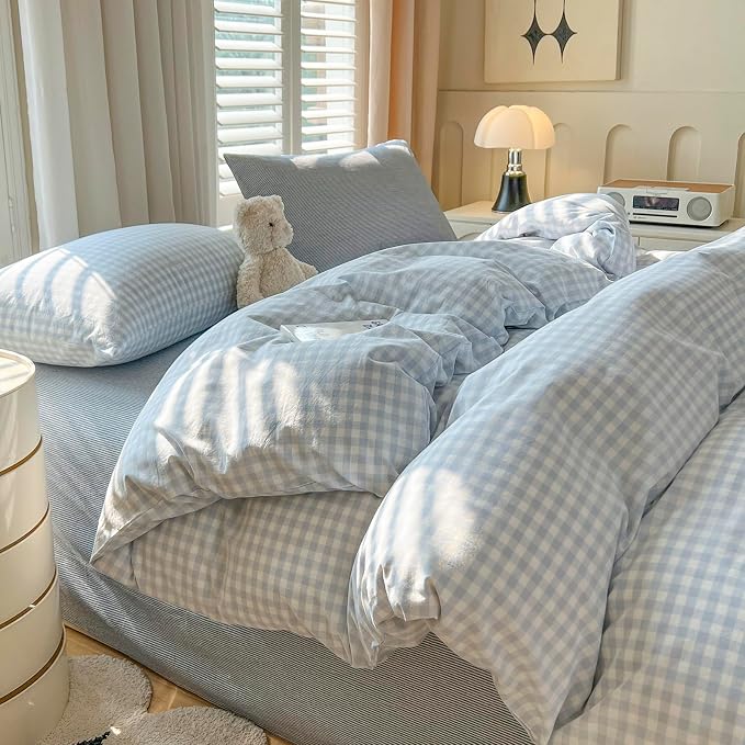 mixinni Light Blue Gingham Duvet Cover Set King Size - 100% Washed Cotton 3 Piece Plaid Checkered Bedding Set, Soft Comfy Grid Farmhouse Comforter Cover with Zipper Closure & Corner Ties